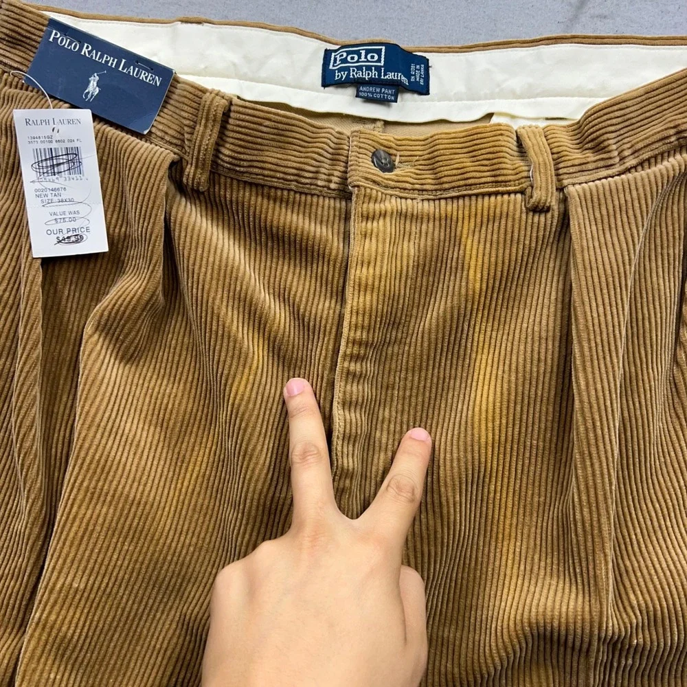 Vintage Polo Ralph Lauren Andrew Pant Corduroy Pleated Tan 38x30 NWT Faded